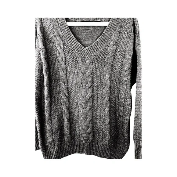 New York & Co cable knit pull-on grey sweater size medium minimalist staple - Picture 2 of 7